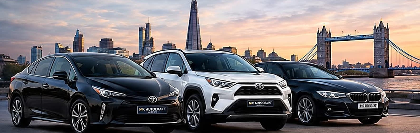 MK Autocraft cars in front of the London skyline and Tower Bridge